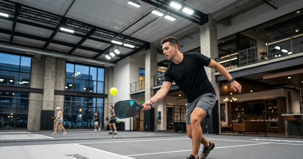 A cinematic, low-angle shot of a player's feet on a professional blue-and-green cushioned court. The player is in a ready stance, holding a high-end paddle. A pickleball is frozen in mid-air just before contact