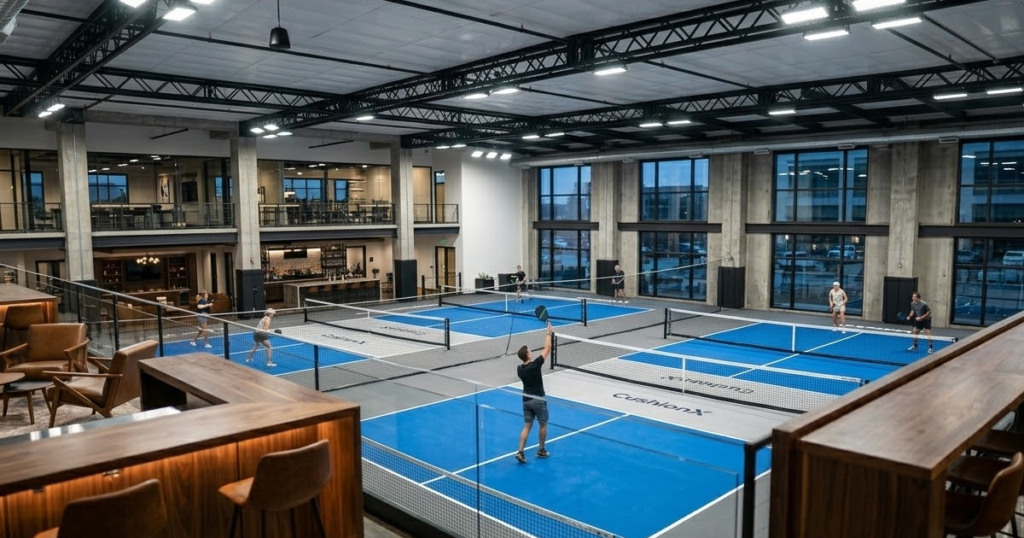 A wide-angle interior shot of a luxury indoor pickleball facility. Multiple courts are active with players, featuring high ceilings and professional lighting. In the foreground, a social lounge area with a bar is visible.