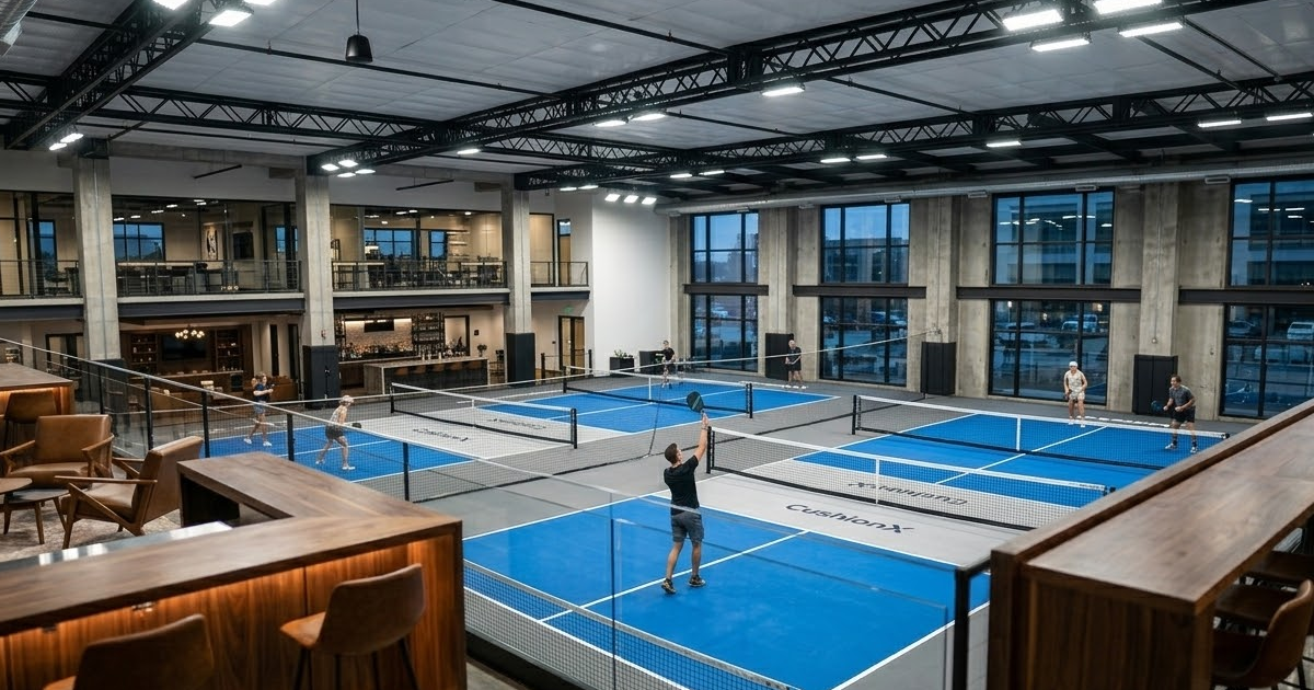 A wide-angle interior shot of a luxury indoor pickleball facility. Multiple courts are active with players, featuring high ceilings and professional lighting. In the foreground, a social lounge area with a bar is visible.