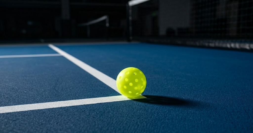 A close-up cinematic shot of a pickleball resting exactly on the "kitchen" line of a professional court. A referee’s hand or a player’s paddle is subtly pointing toward the line, highlighting the boundary.