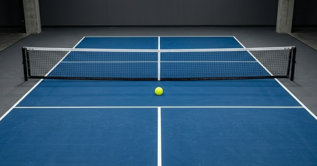 A symmetrical, top-down-style architectural shot of a single empty pickleball court. The professional markings and net are perfectly aligned, highlighting the specific geometry of the playing area.