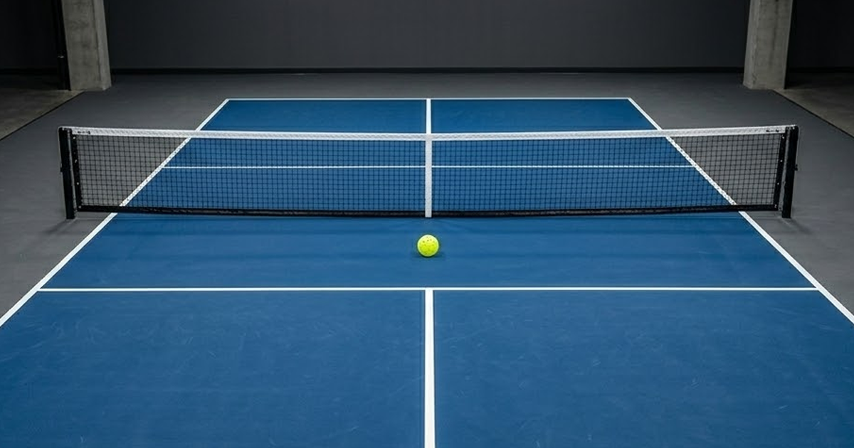 A symmetrical, top-down-style architectural shot of a single empty pickleball court. The professional markings and net are perfectly aligned, highlighting the specific geometry of the playing area.