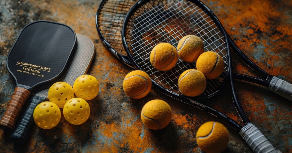 Pickleball paddles and yellow whiffle balls sit next to tennis rackets and fuzzy balls on a rustic, textured surface.