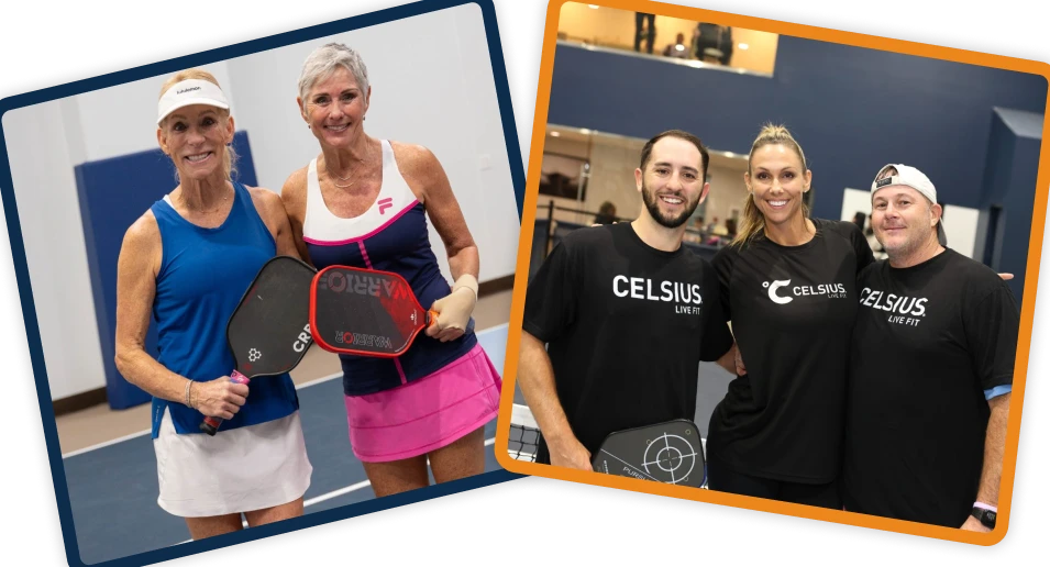 A side-by-side collage featuring two women holding pickleball paddles on the left and three people wearing "Celsius Live Fit" shirts on the right.