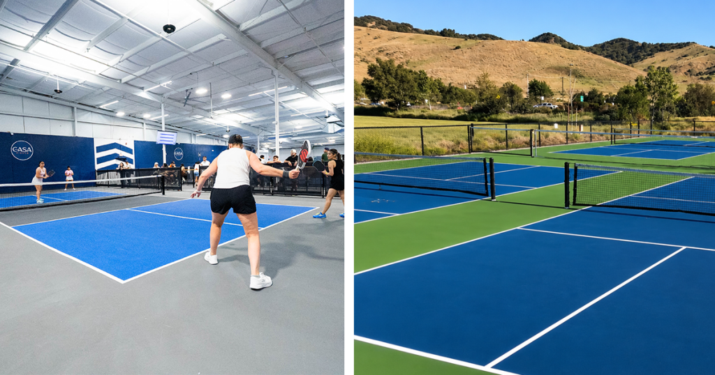 Indoor and outdoor pickleball courts shown side by side.