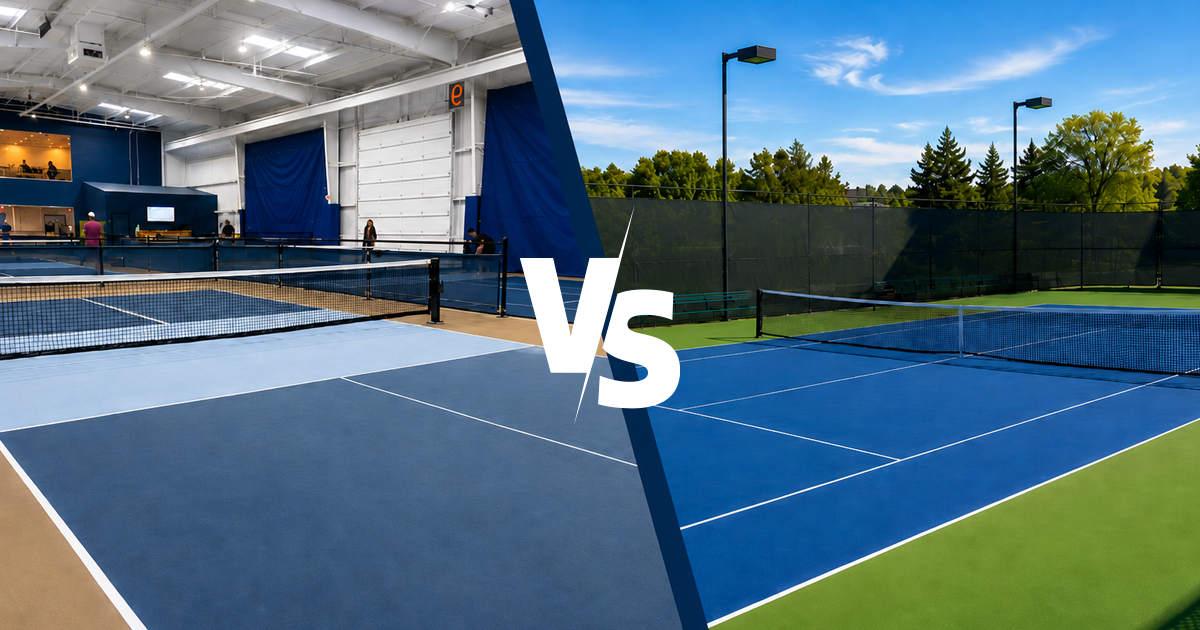 Split view of an indoor pickleball court and an outdoor tennis court.