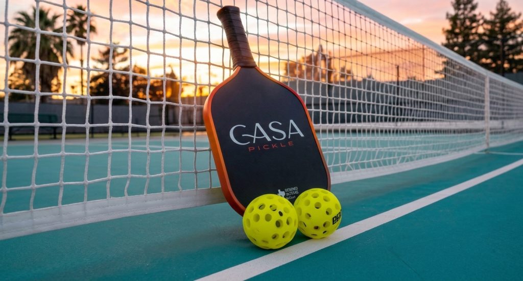 A pickleball paddle branded with "CASA PICKLE" and two bright yellow pickleballs resting against a pickleball court net at sunset.